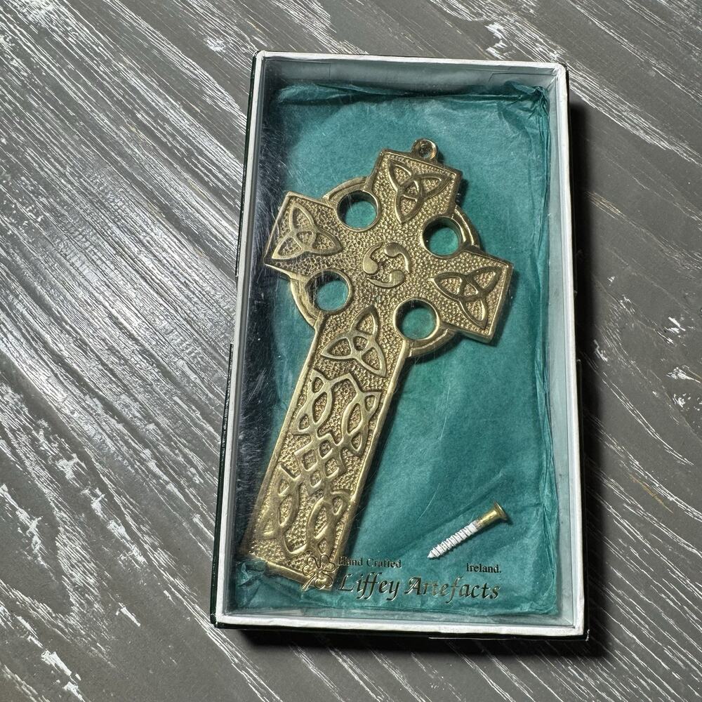 Celtic Brass Cross Wall Hanging in a Matching Box by Liffey Artefacts Christian